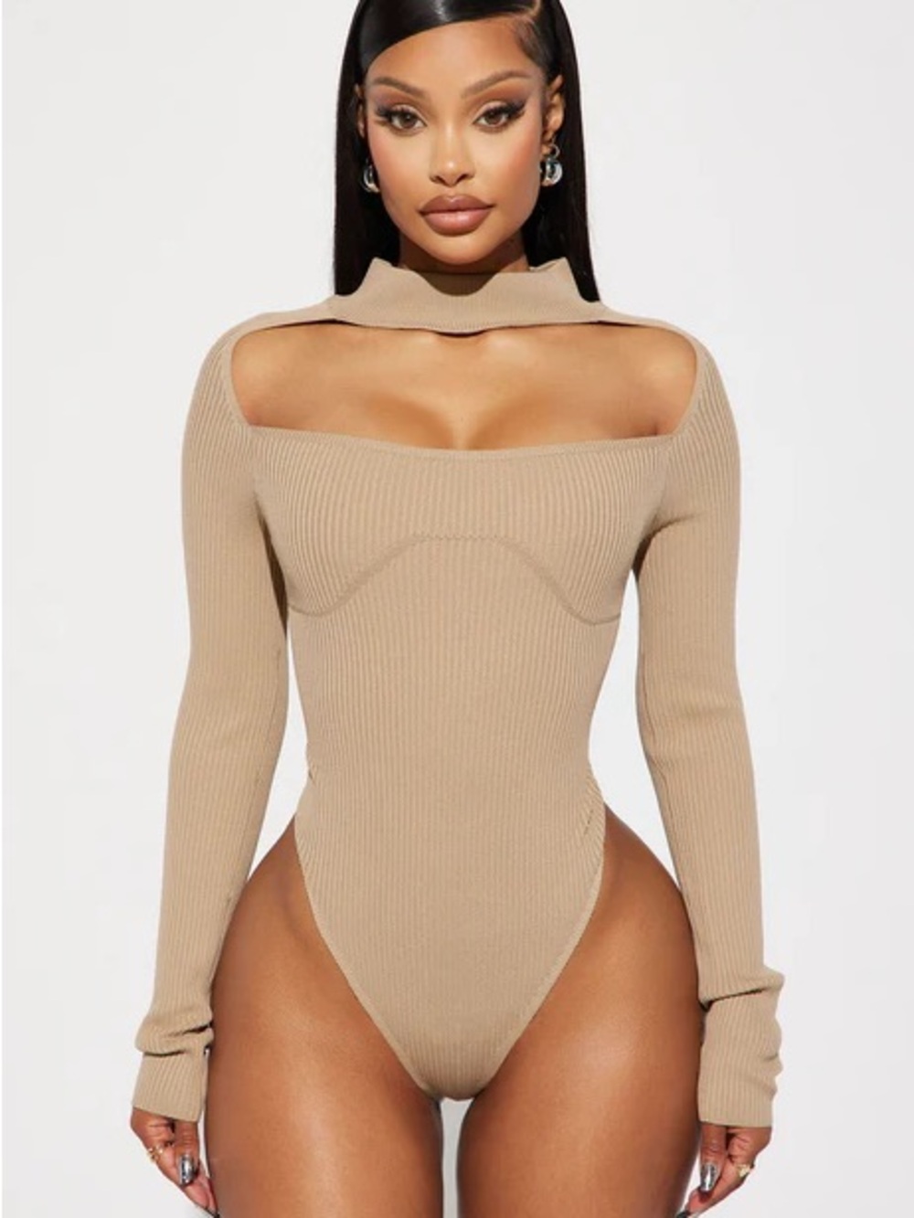 Fashion Nova Tan Ribbed Cutout Bodysuit